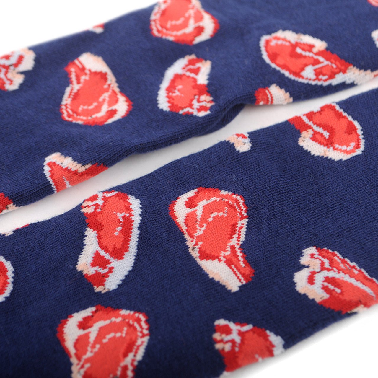 Funny Mens Socks Meat Lovers Novelty Socks Crazy Socks Steak Rib Eye T Bone Meat Lovers Gift Blue and Red Crazy Socks