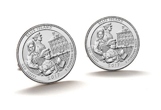 A promotional digital image featuring Ellis Island Coin Cufflinks made from uncirculated 2017 U.S. quarters with enamel backing, highlighting the detailed Ellis Island design.