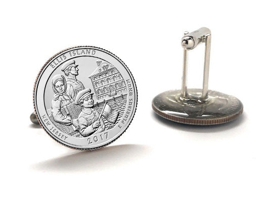 A promotional digital image featuring Ellis Island Coin Cufflinks made from uncirculated 2017 U.S. quarters with enamel backing, highlighting the detailed Ellis Island design.
