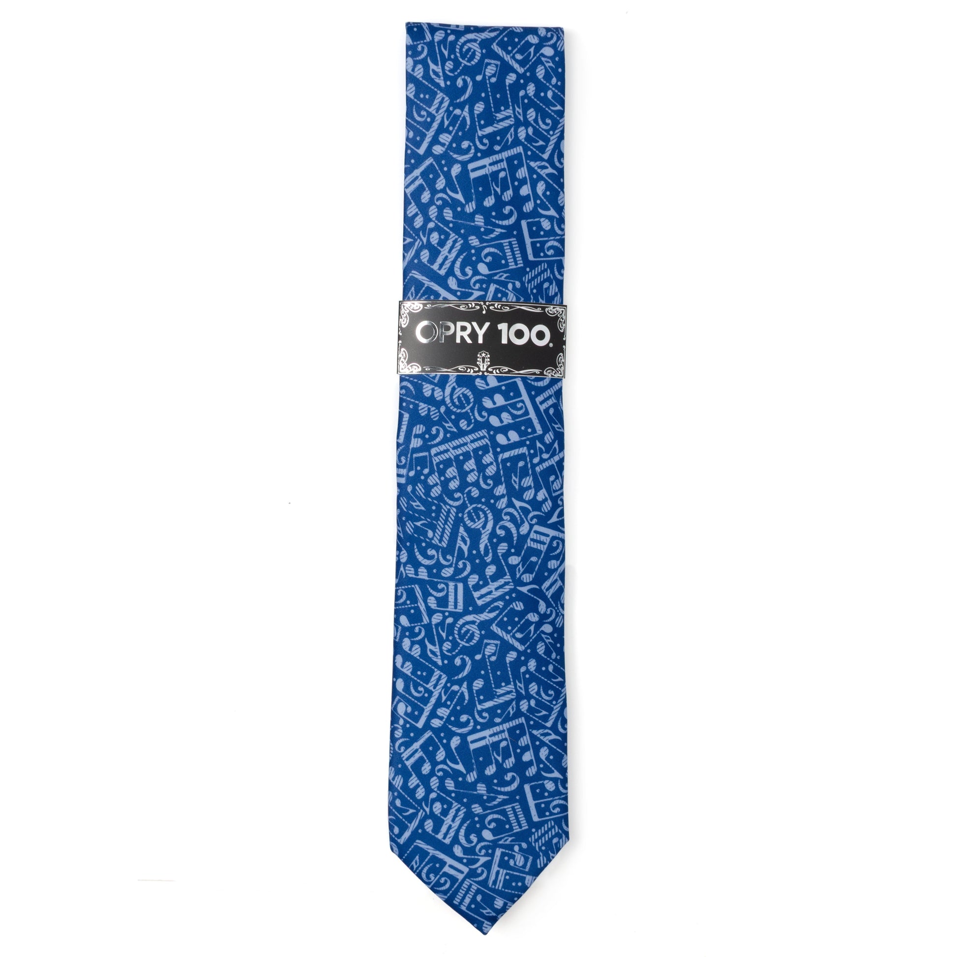 Blue patterned tie with a brand label on a white background