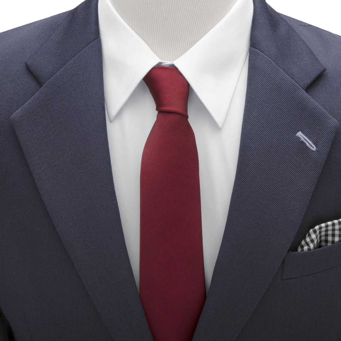 Gray suit with a white shirt and red tie on a white background