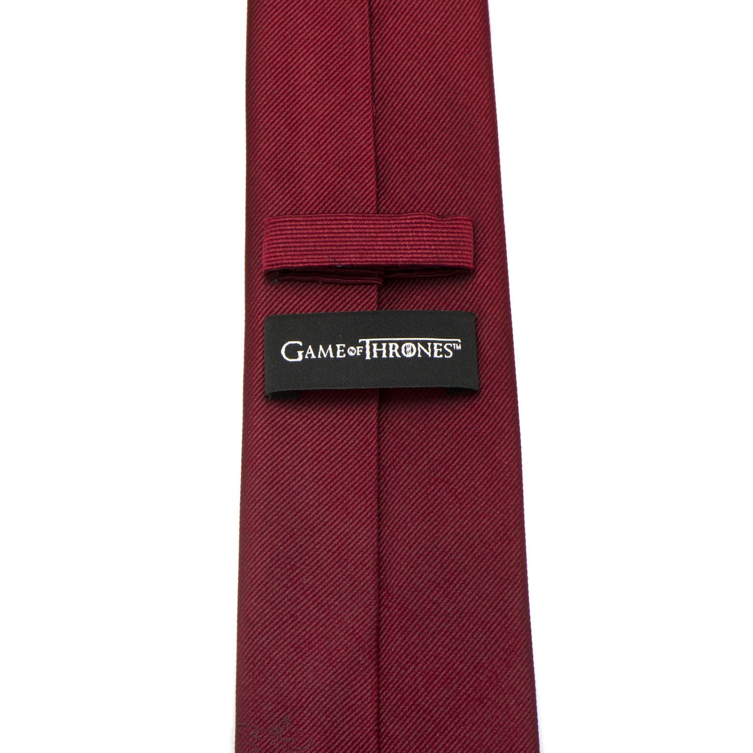 Maroon tie with 'Game of Thrones' logo tag on a white background