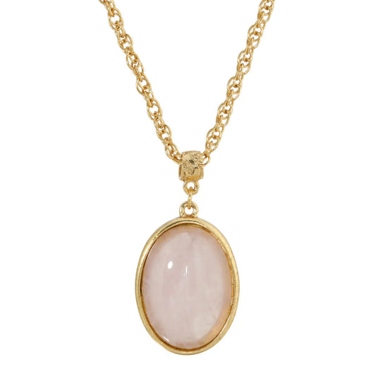 Rose Quartz Women's Necklace Jewelry Genuine Gemstone Oval Pendant Necklace 16" + 3" Extender