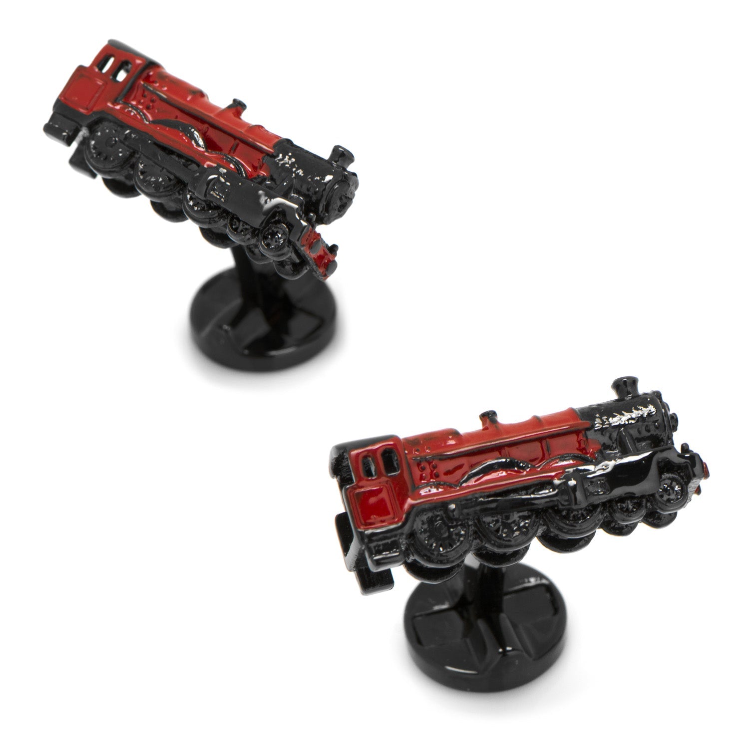 Two red and black train model cufflinks on a white background