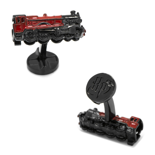 Train-themed cufflinks with a red and black design on a white background