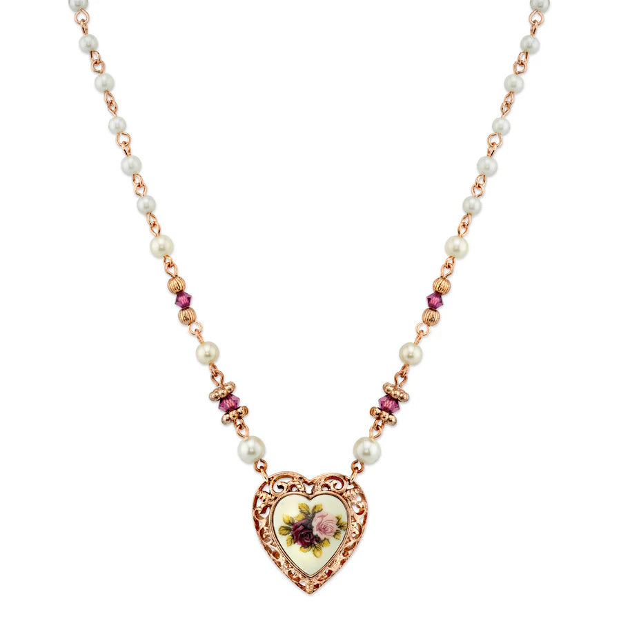 Women's Necklace Jewelry Rose Faux Pearl Purple Flower Heart Pendant Necklace 15" + 3" Extender