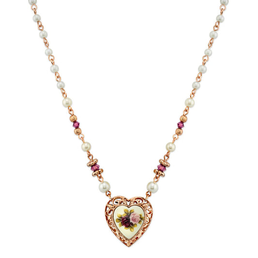 Women's Necklace Jewelry Rose Faux Pearl Purple Flower Heart Pendant Necklace 15" + 3" Extender