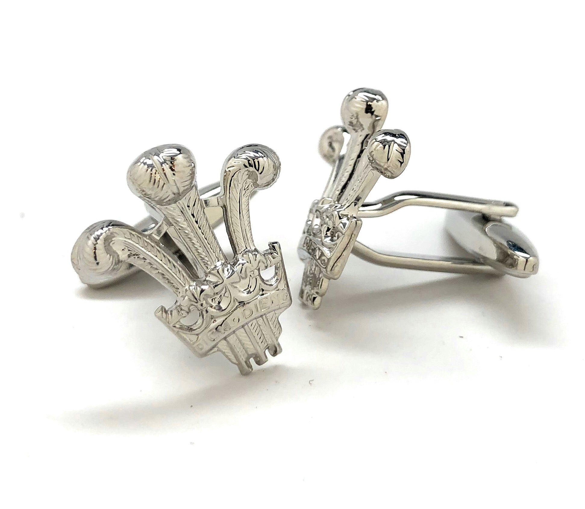 Silver Prince of Wales cufflinks featuring the classic three-feather royal emblem – luxury men’s accessories from JayPins