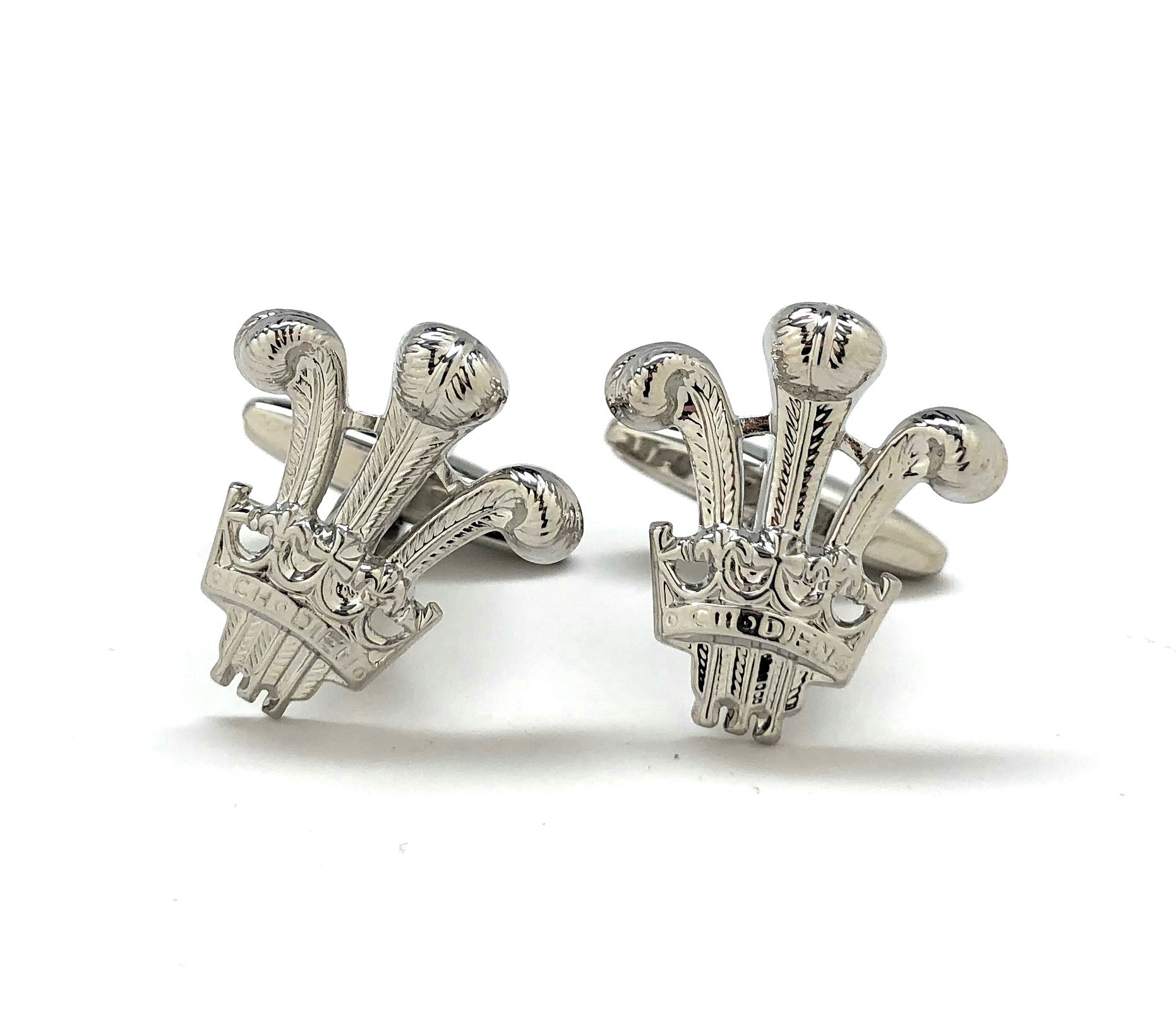Silver Prince of Wales cufflinks featuring the classic three-feather royal emblem – luxury men’s accessories from JayPins