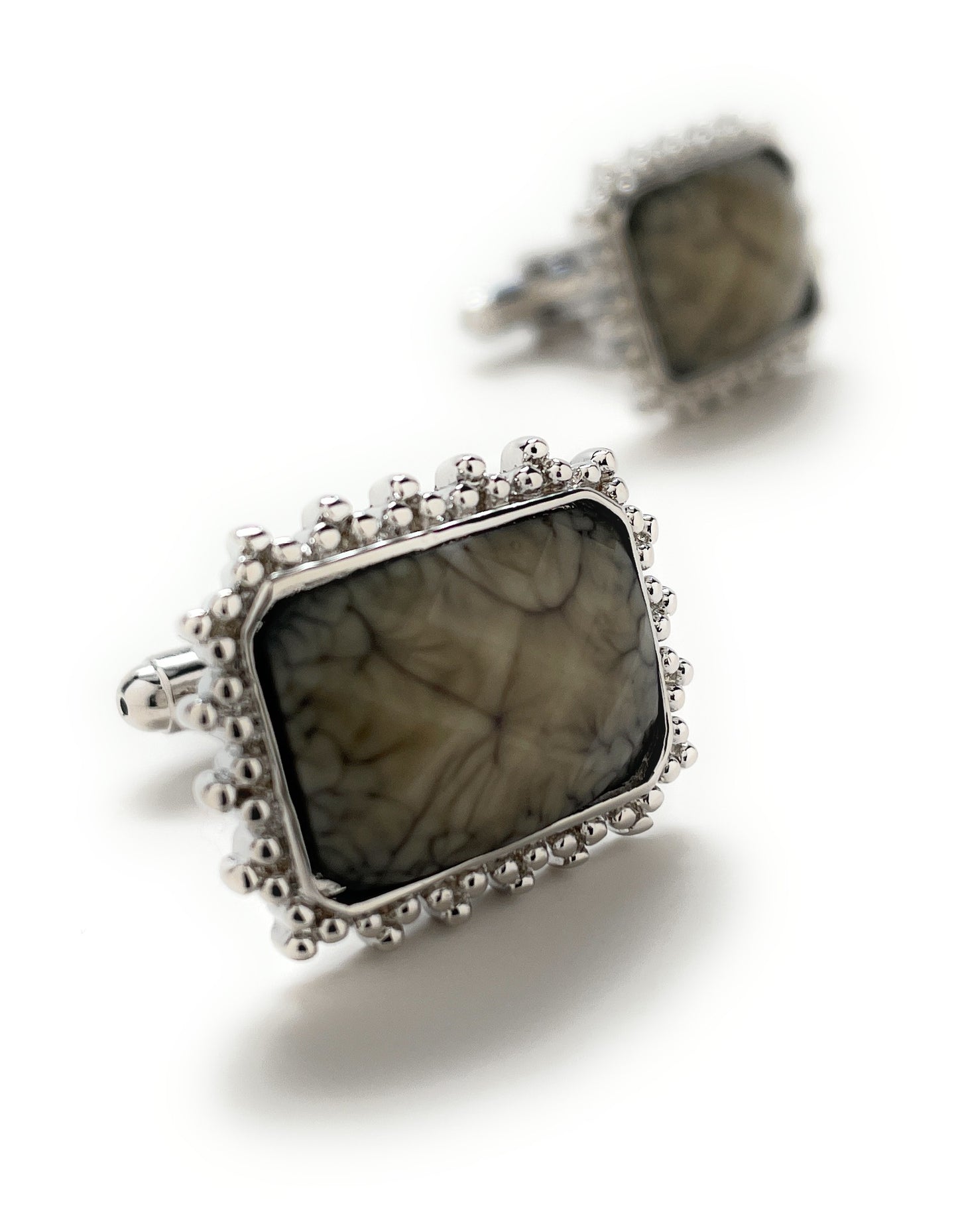 Cufflinks Silver City New Smokey Marble Cufflinks Cushion Cut Agate Cannon Ball Silver Trim Cuff Links Power Stroke Cuffs