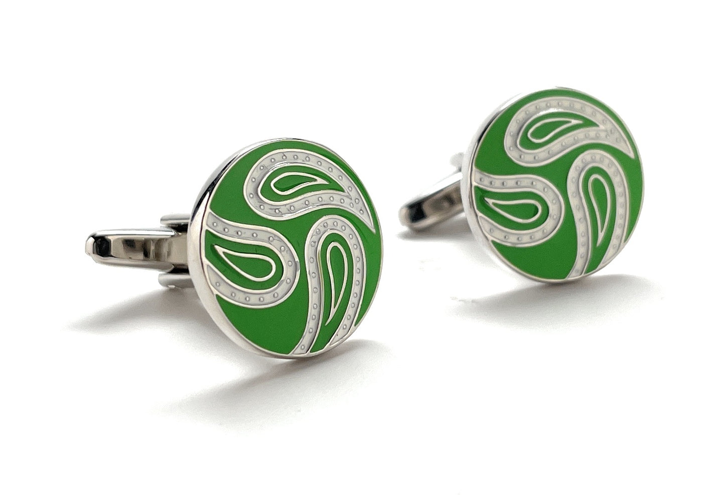 Green cufflinks with paisley design on a white background