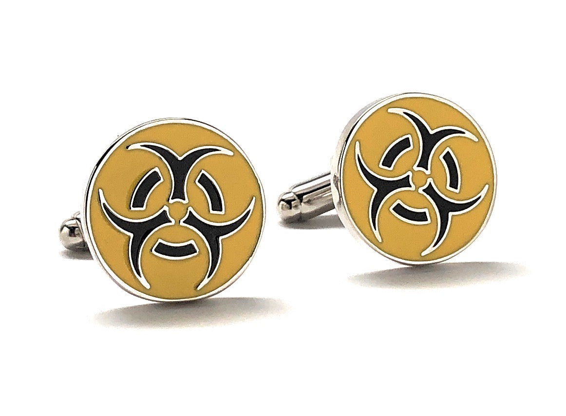 Biohazard Cufflinks Warning Sign Cuff Links Silver Rhodium Finish Biohazard Cufflinks Biological Hazard Yellow and Black Enamel Design