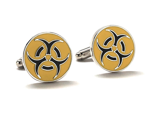 Biohazard Cufflinks Warning Sign Cuff Links Silver Rhodium Finish Biohazard Cufflinks Biological Hazard Yellow and Black Enamel Design