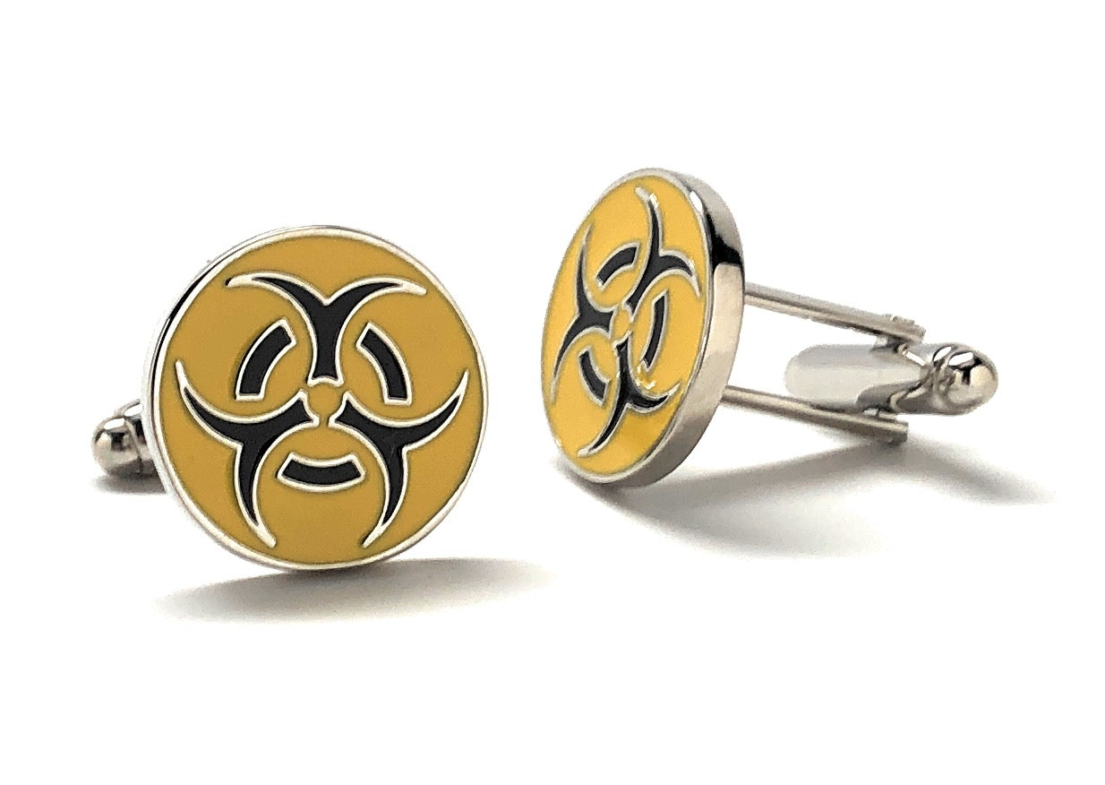 Biohazard Cufflinks Warning Sign Cuff Links Silver Rhodium Finish Biohazard Cufflinks Biological Hazard Yellow and Black Enamel Design