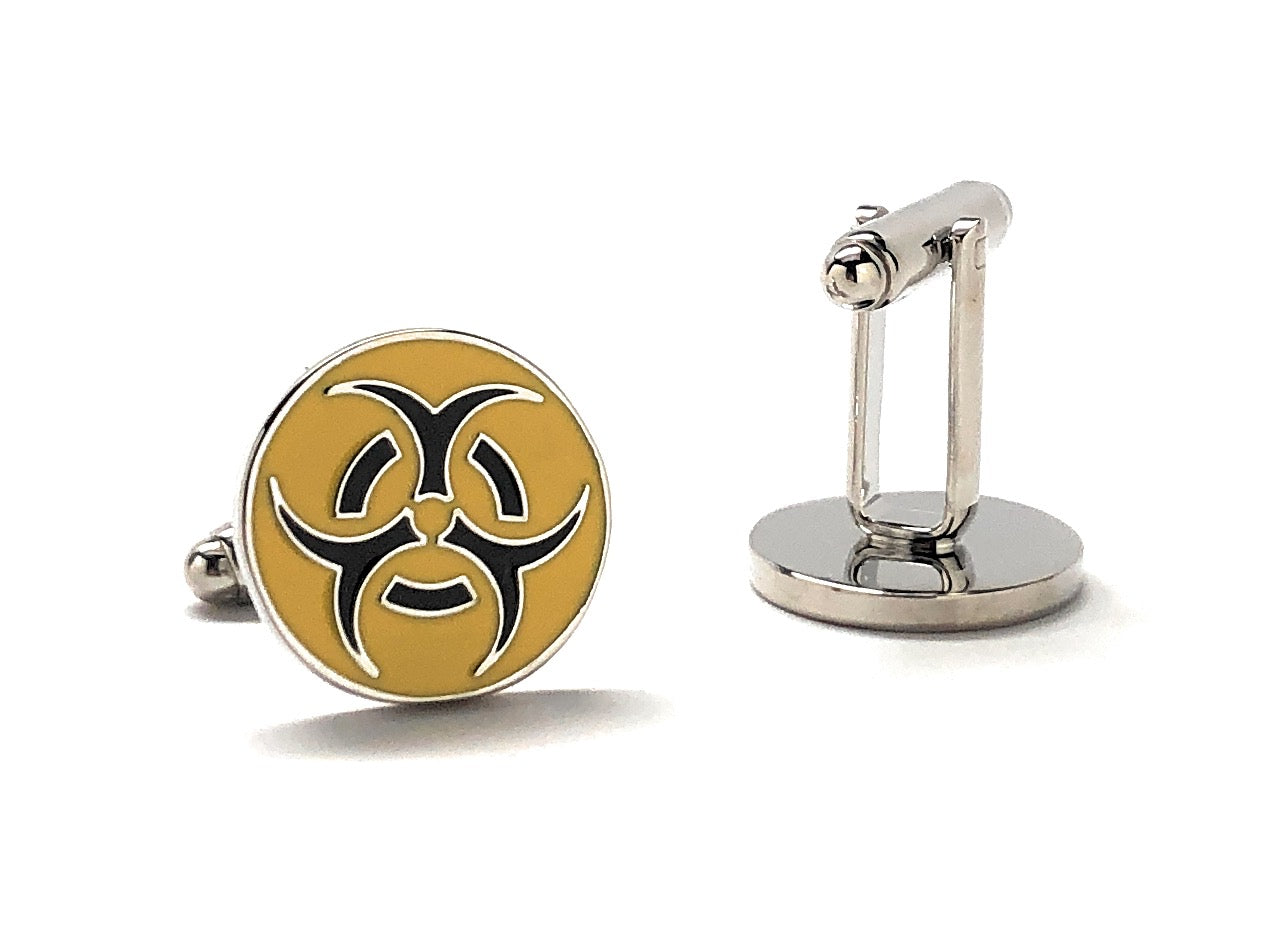 Biohazard Cufflinks Warning Sign Cuff Links Silver Rhodium Finish Biohazard Cufflinks Biological Hazard Yellow and Black Enamel Design