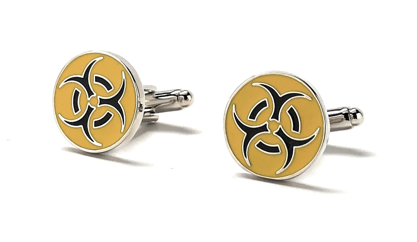 Biohazard Cufflinks Warning Sign Cuff Links Silver Rhodium Finish Biohazard Cufflinks Biological Hazard Yellow and Black Enamel Design