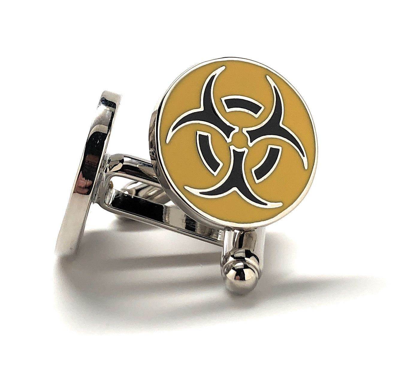Biohazard Cufflinks Warning Sign Cuff Links Silver Rhodium Finish Biohazard Cufflinks Biological Hazard Yellow and Black Enamel Design