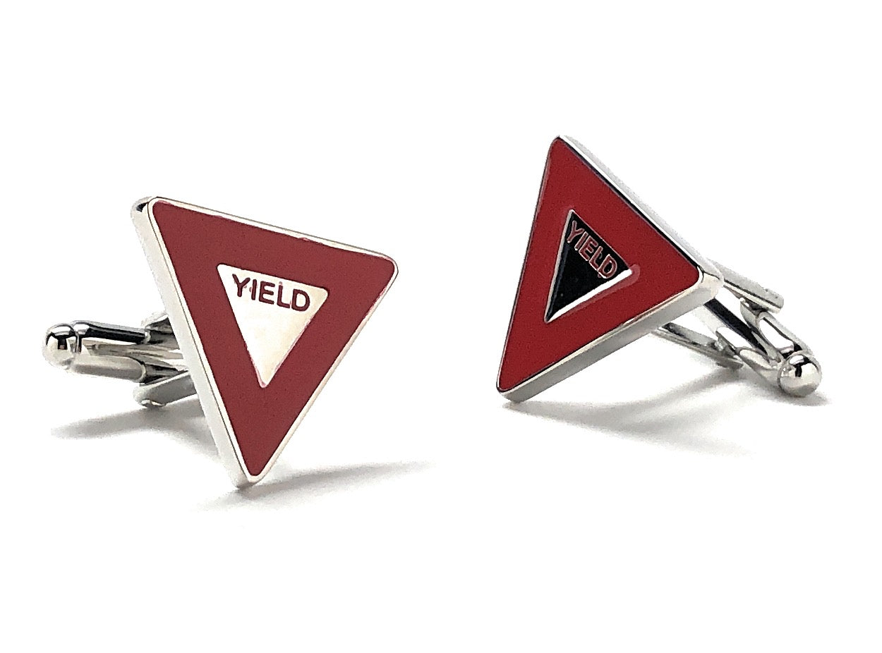 Yield Sign Cufflinks Yield Street Sign Red Enamel with Silver Highlights Cuff Links