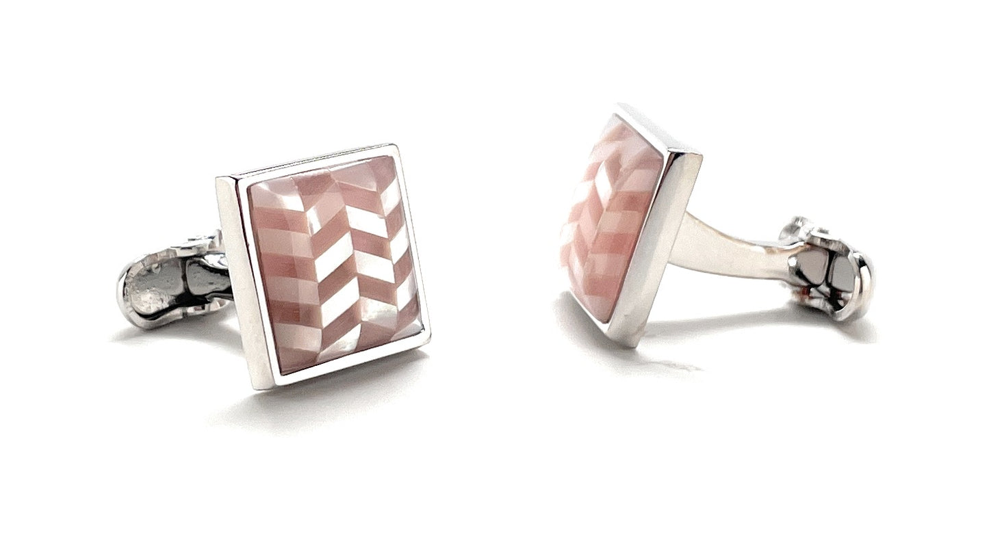 Cufflinks Chevron Mother of Pearl Pattern Pink Shell Silver Platting Backing Anniversary Gift Classic Cufflinks Groomsmen Gift