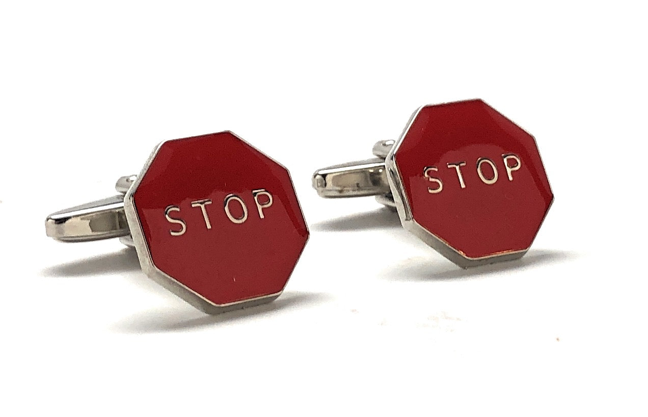 Stop Sign Cufflinks Stop Street Sign Red Enamel with Silver Highlights Cuff Links