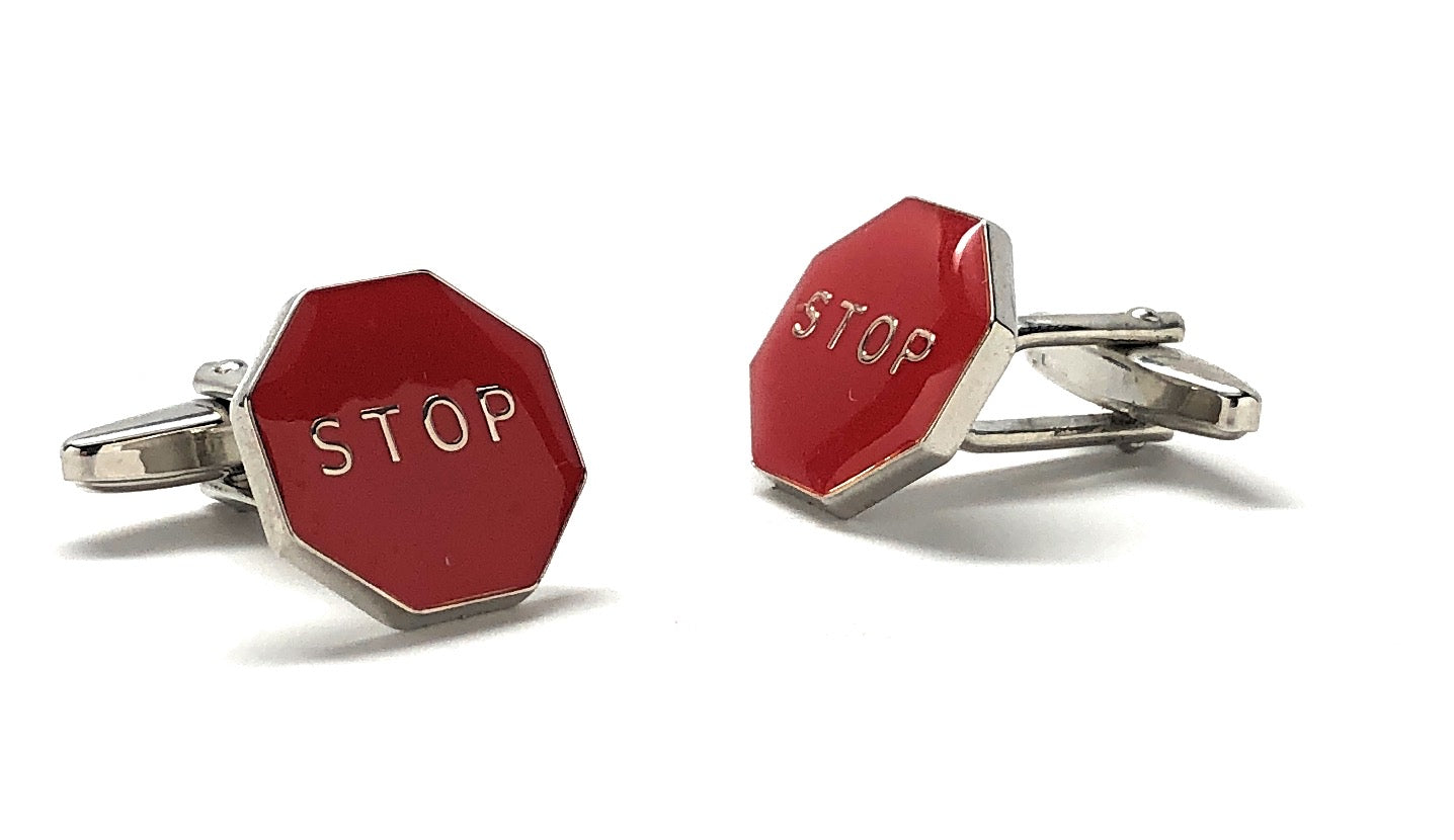Stop Sign Cufflinks Stop Street Sign Red Enamel with Silver Highlights Cuff Links