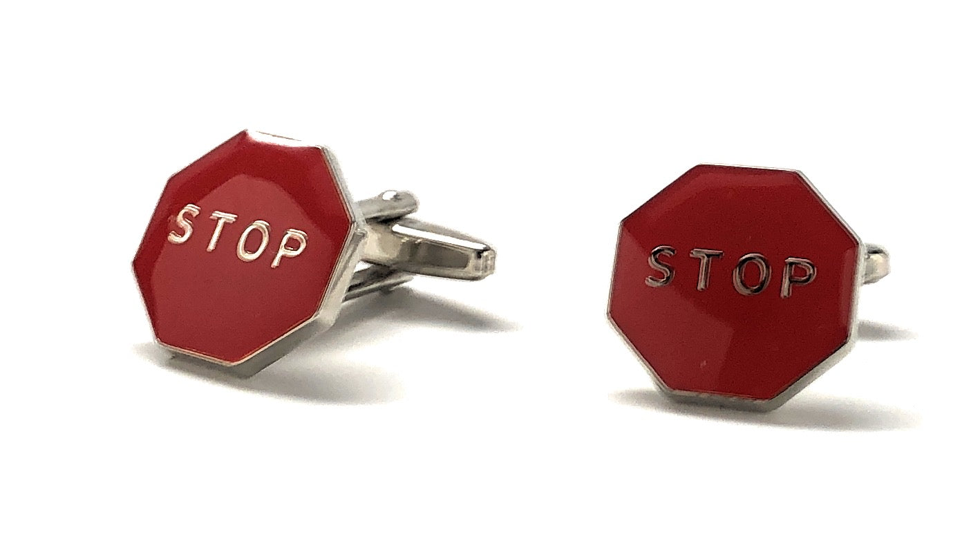 Stop Sign Cufflinks Stop Street Sign Red Enamel with Silver Highlights Cuff Links