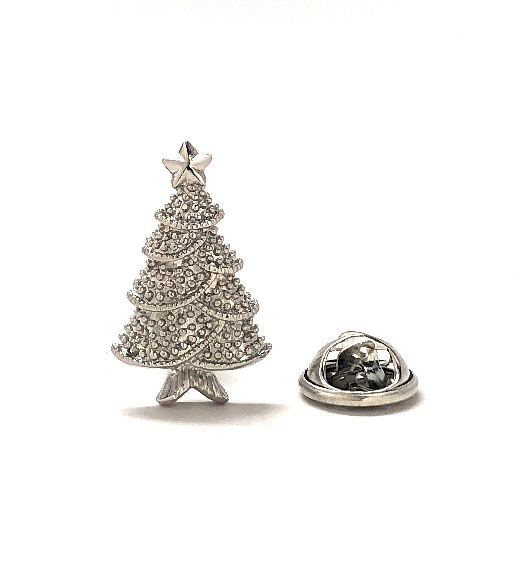 Silver Christmas tree-shaped lapel pin on a white background