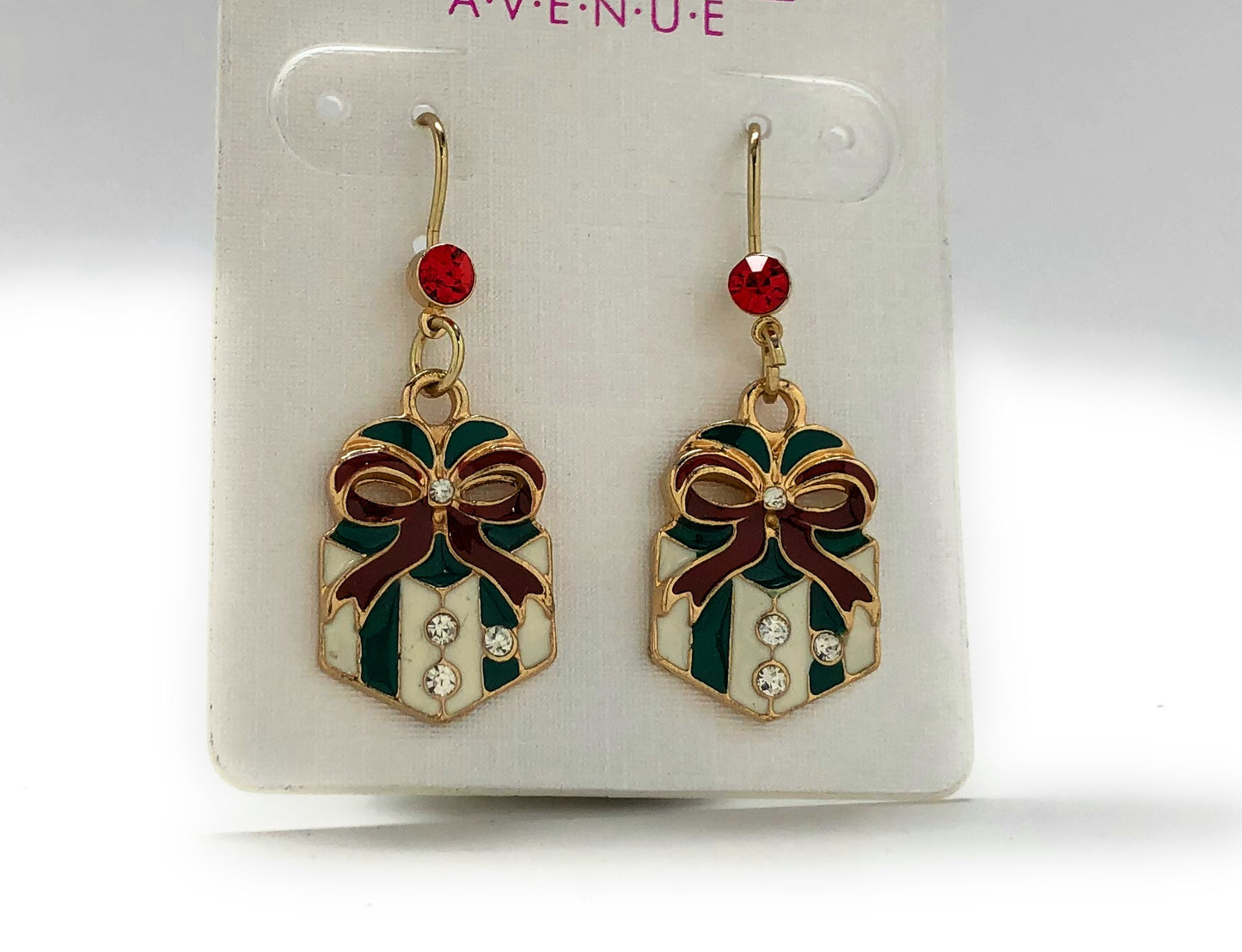 Christmas present gift box dangle earrings with crystals red green and gold holiday jewelry