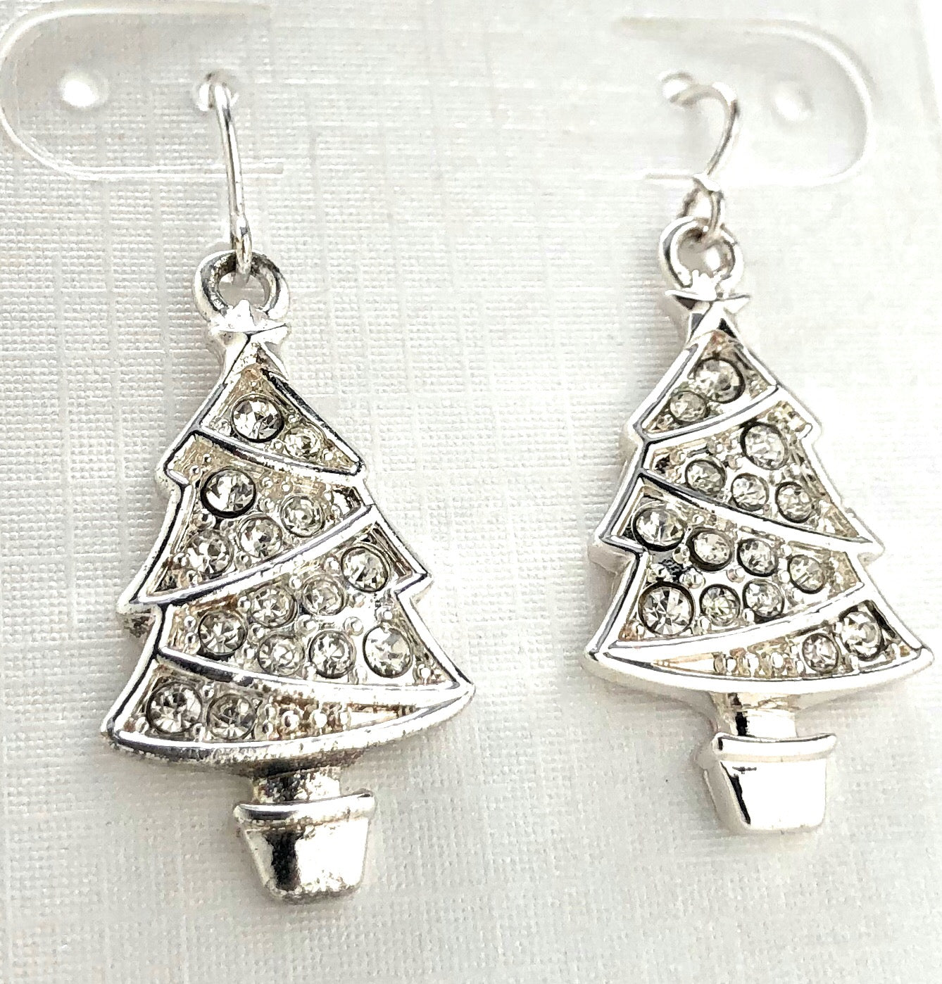 Silver Christmas tree dangle earrings with sparkling clear crystals holiday jewelry