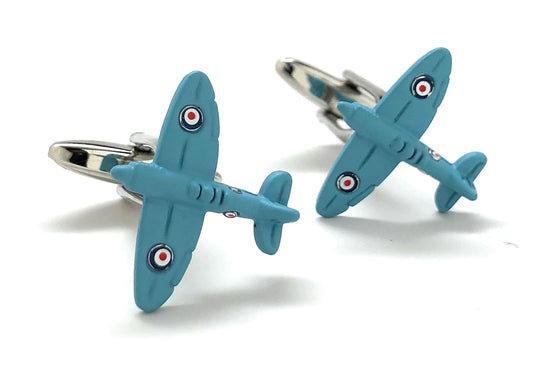 Baby blue WWII Spitfire airplane cufflinks with silver backing – vintage aviation-inspired men’s jewelry from JayPins