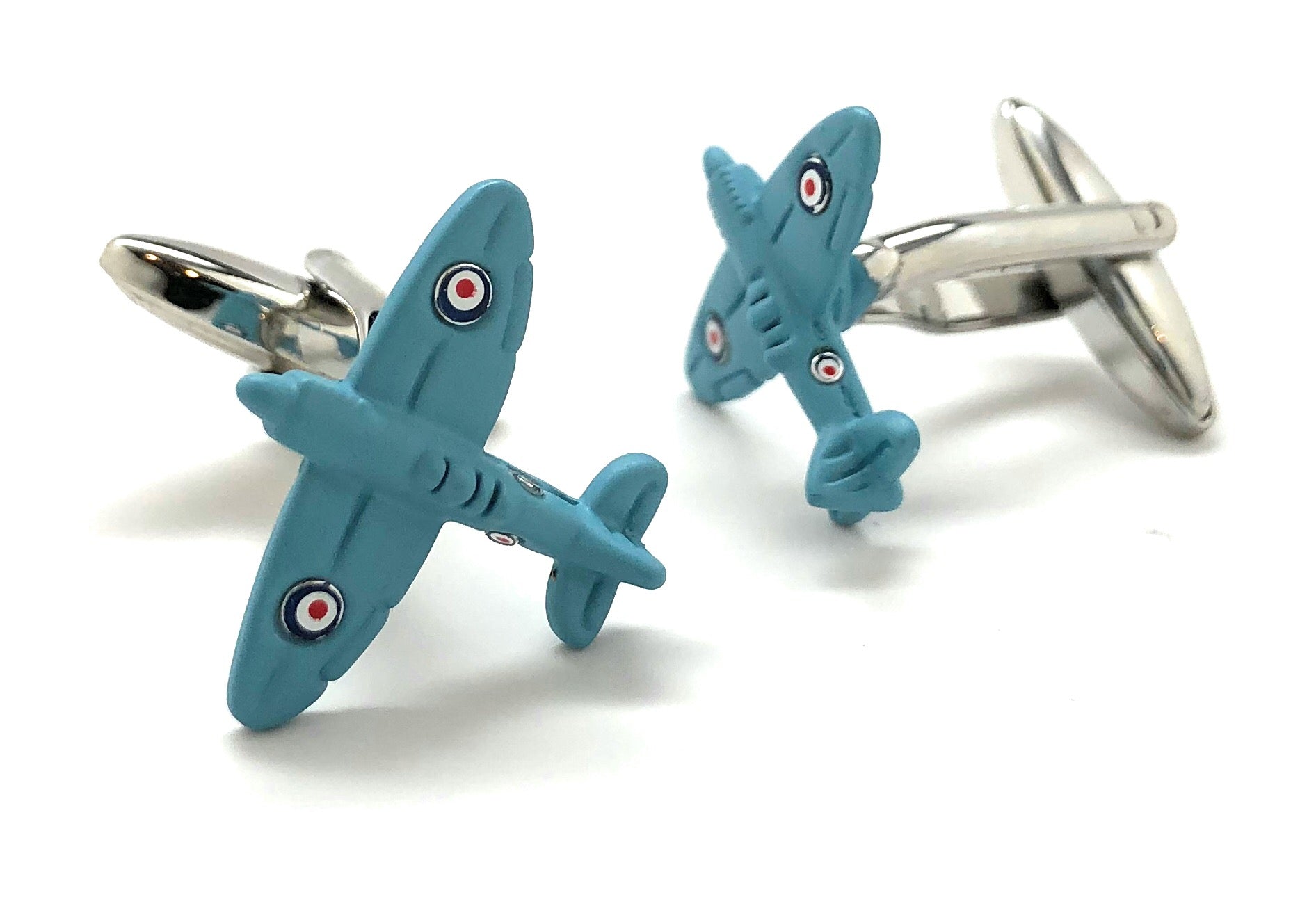 Baby blue WWII Spitfire airplane cufflinks with silver backing – vintage aviation-inspired men’s jewelry from JayPins