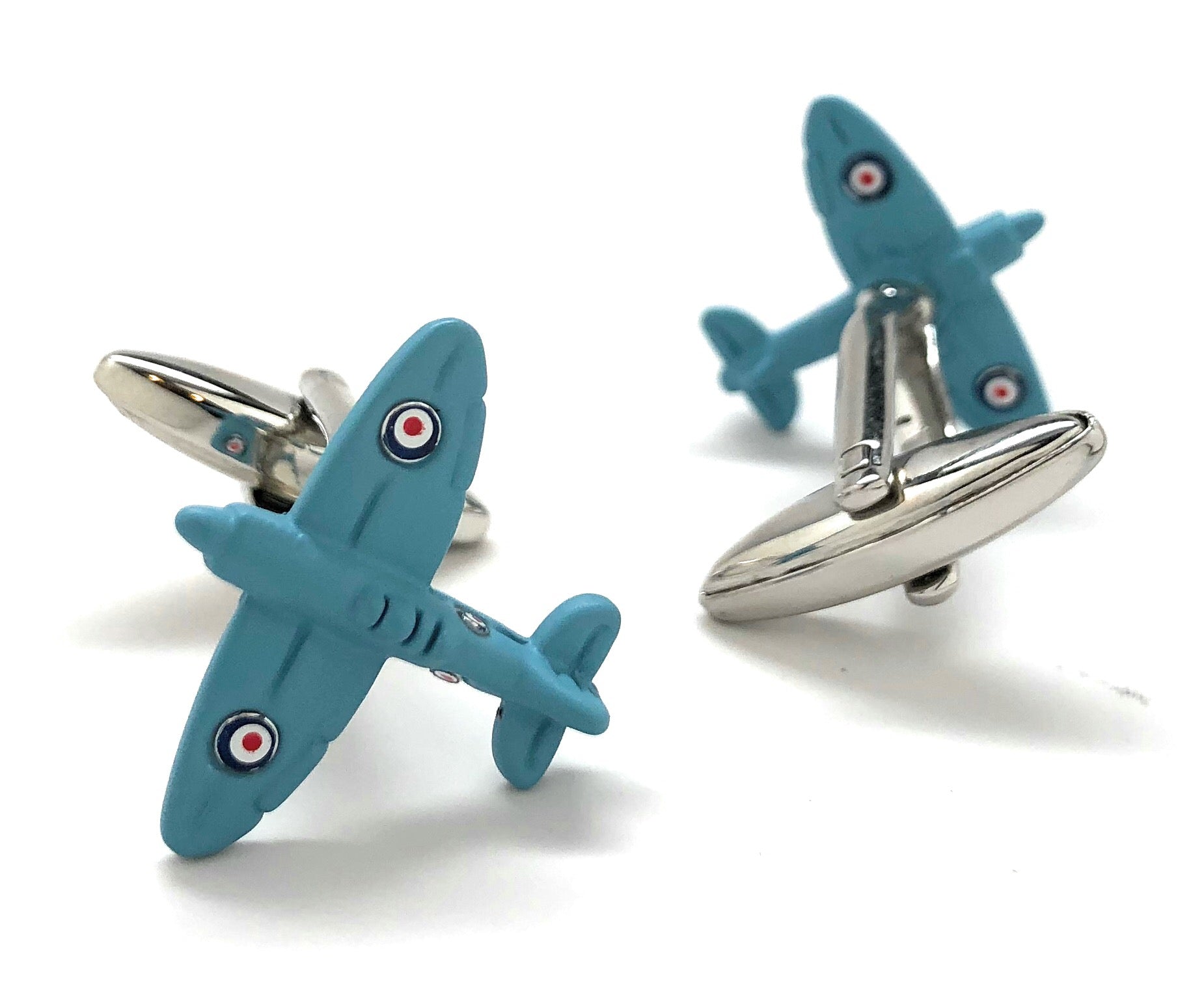 Baby blue WWII Spitfire airplane cufflinks with silver backing – vintage aviation-inspired men’s jewelry from JayPins