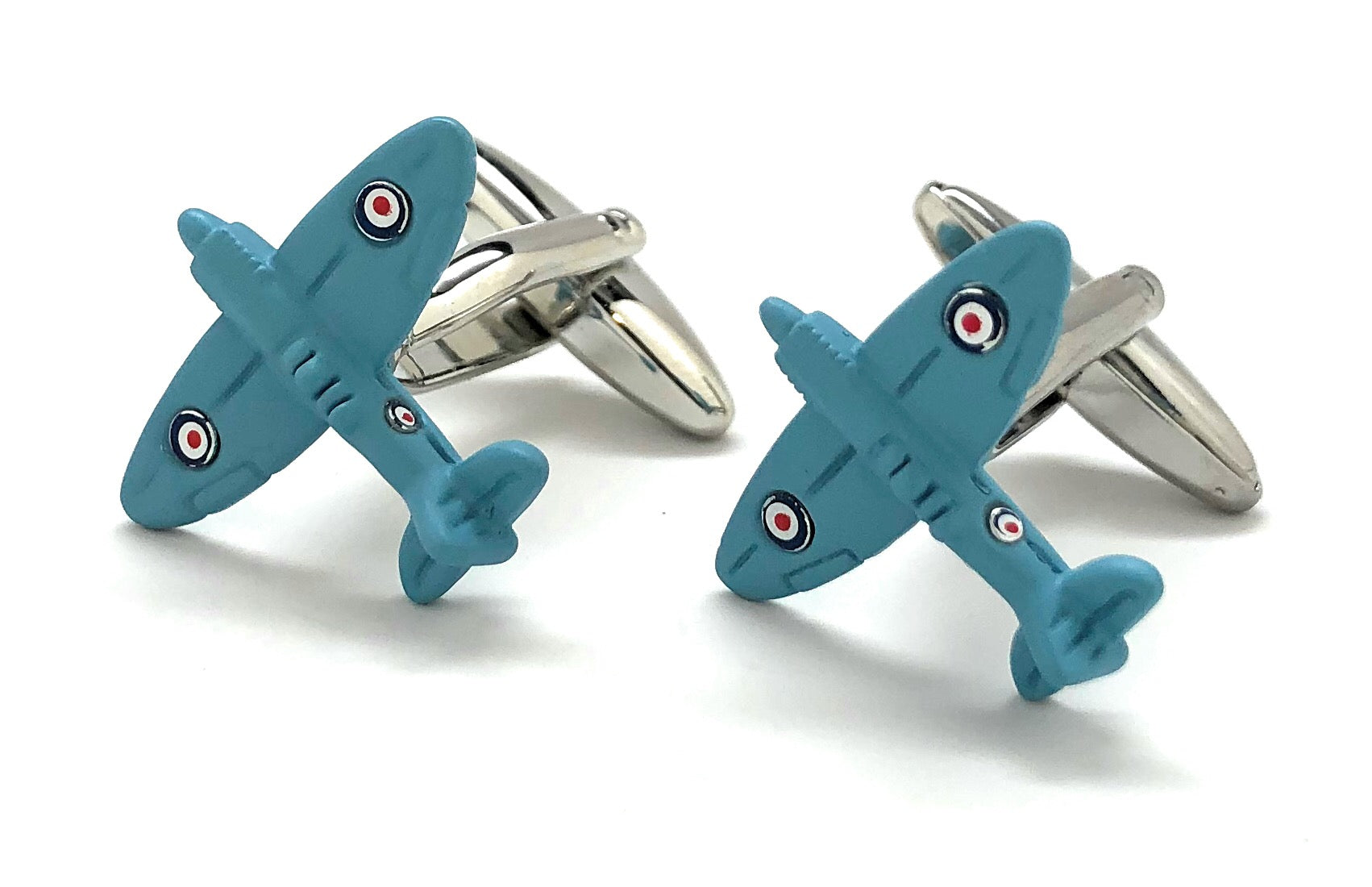 Baby blue WWII Spitfire airplane cufflinks with silver backing – vintage aviation-inspired men’s jewelry from JayPins