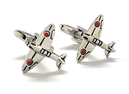 Silver WWII Japanese Zero fighter airplane cufflinks with red and black enamel detailing – aviation-inspired luxury men’s accessories by JayPins