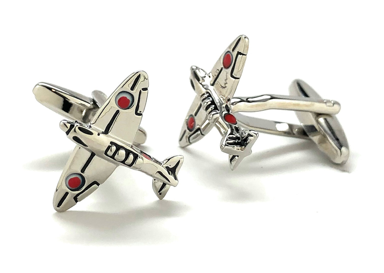 Silver WWII Japanese Zero fighter airplane cufflinks with red and black enamel detailing – aviation-inspired luxury men’s accessories by JayPins