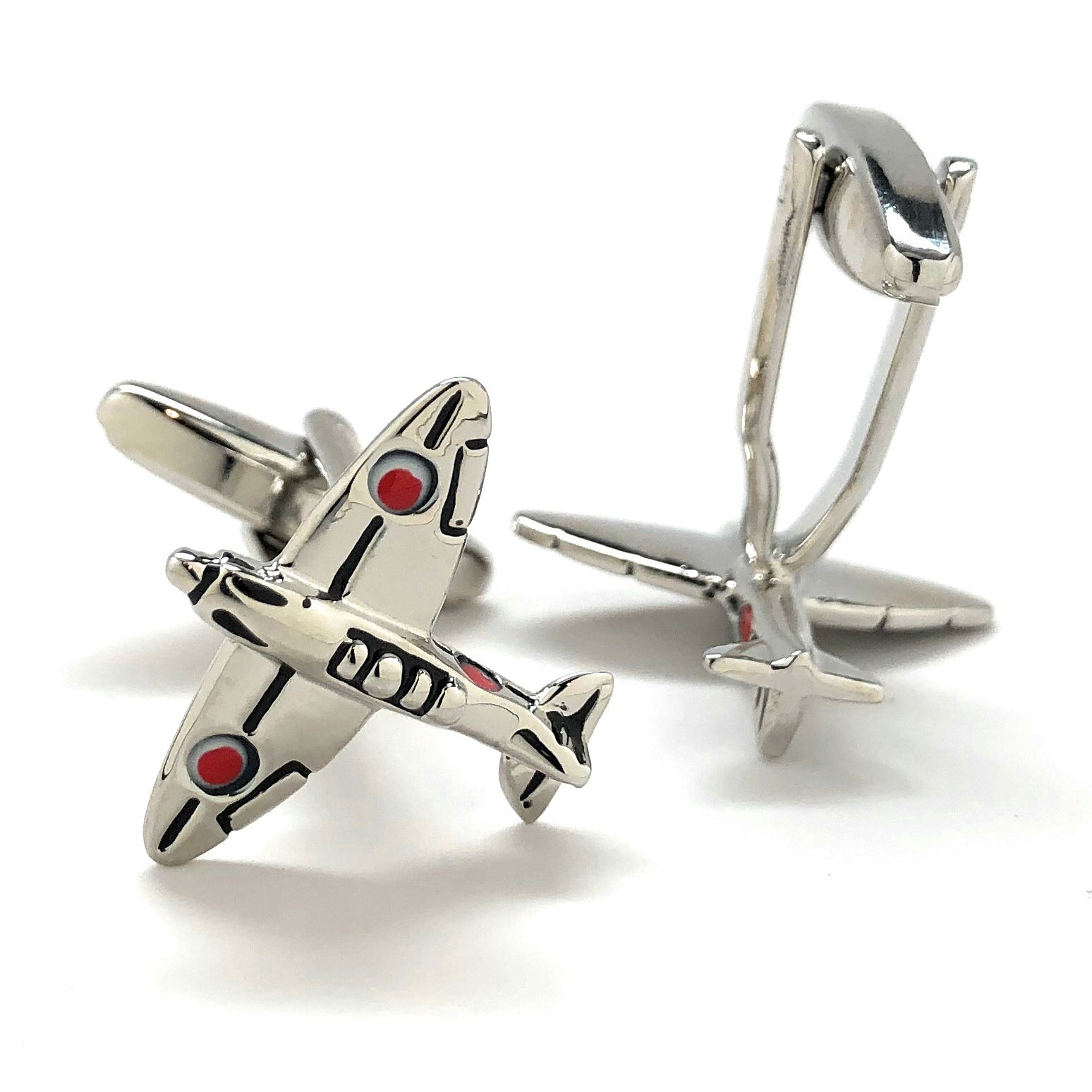 Silver WWII Japanese Zero fighter airplane cufflinks with red and black enamel detailing – aviation-inspired luxury men’s accessories by JayPins