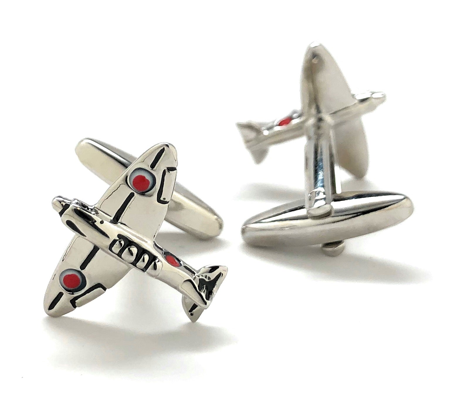 Silver WWII Japanese Zero fighter airplane cufflinks with red and black enamel detailing – aviation-inspired luxury men’s accessories by JayPins