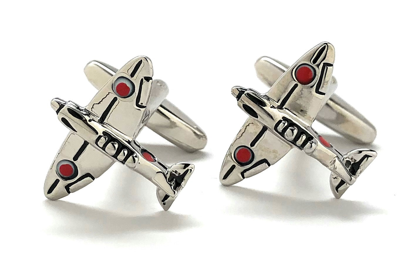 Silver WWII Japanese Zero fighter airplane cufflinks with red and black enamel detailing – aviation-inspired luxury men’s accessories by JayPins