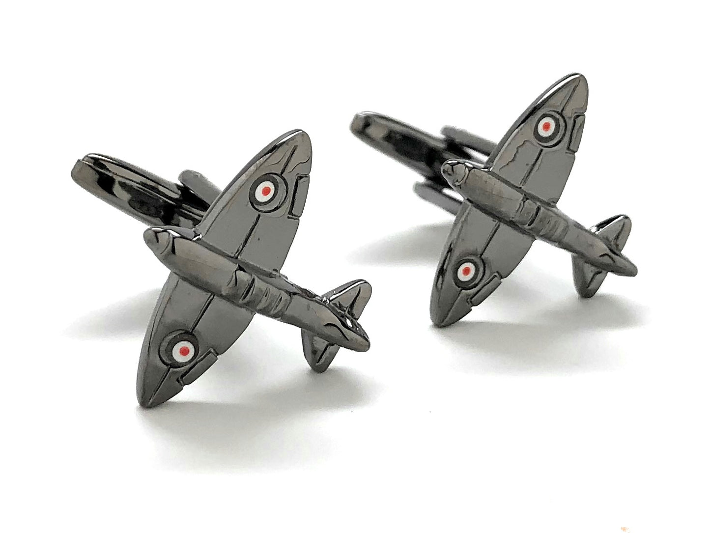 Gunmetal WWII Spitfire airplane cufflinks with vintage fighter jet design – luxury aviation-themed men’s accessories from JayPins