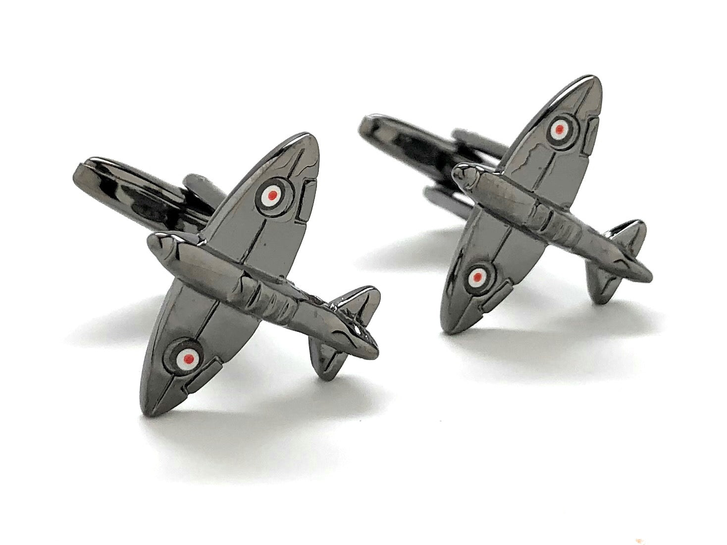 Gunmetal WWII Spitfire airplane cufflinks with vintage fighter jet design – luxury aviation-themed men’s accessories from JayPins