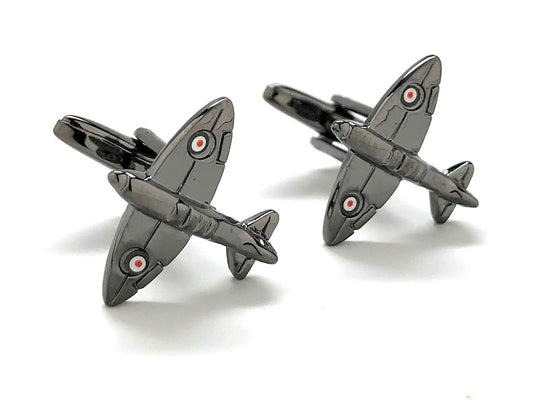 Gunmetal WWII Spitfire airplane cufflinks with vintage fighter jet design – luxury aviation-themed men’s accessories from JayPins