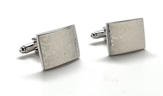 Etched Silver Rectangle Cufflinks – Modern Swirl Pattern Cufflinks for Men | Sleek Formal Accessory