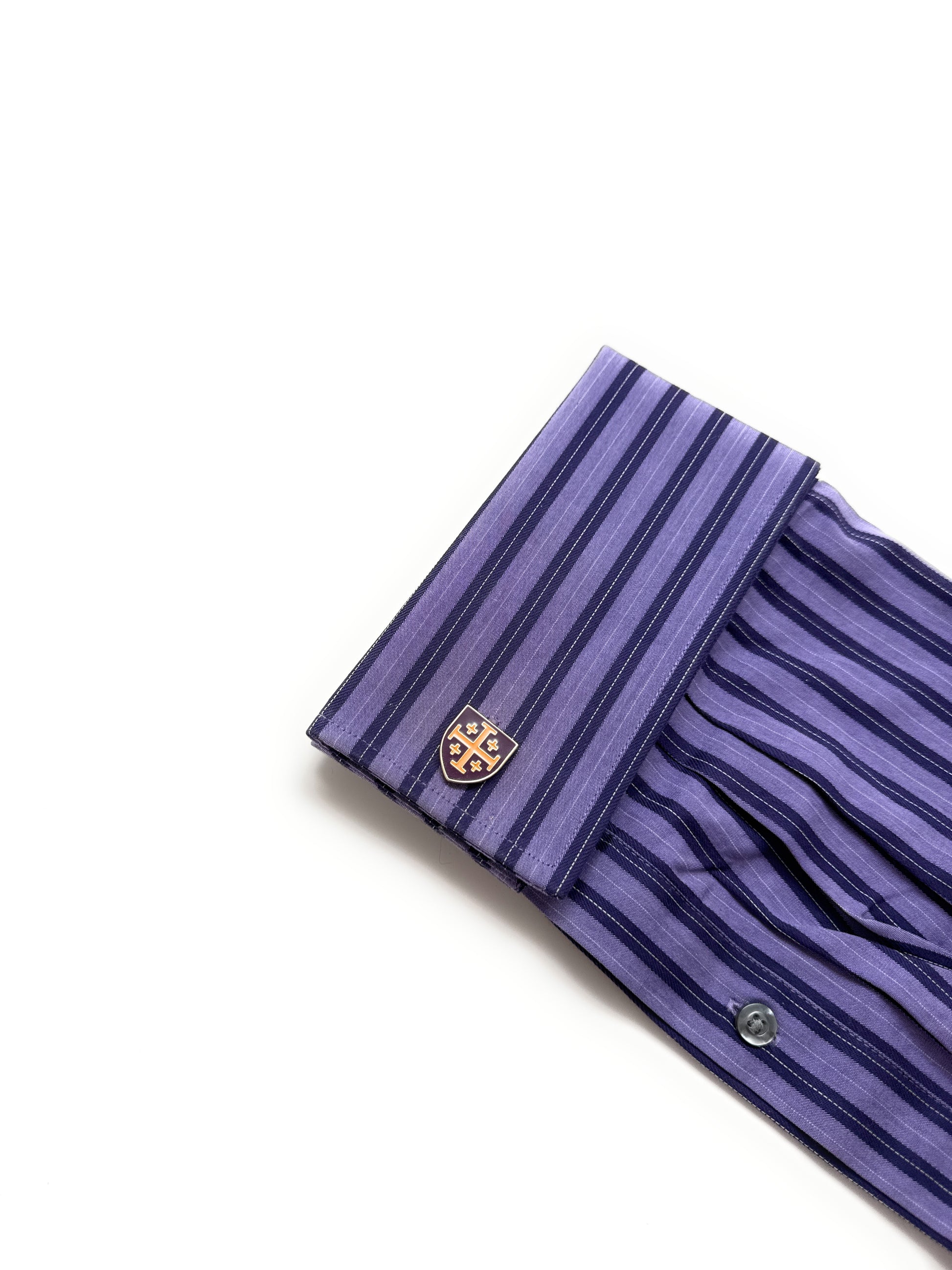 Purple striped shirt with a brand logo on a white background