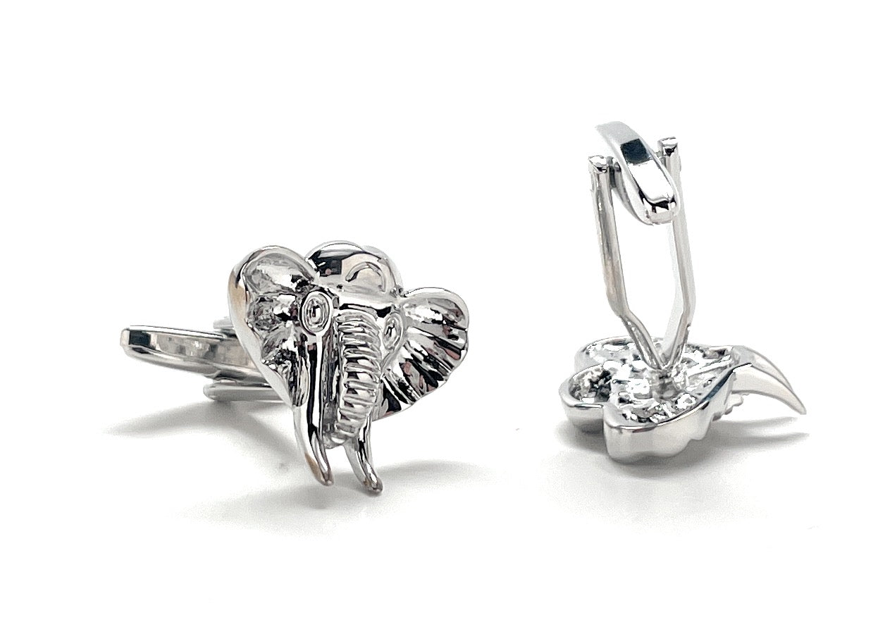 Silver elephant-shaped earrings on a white background