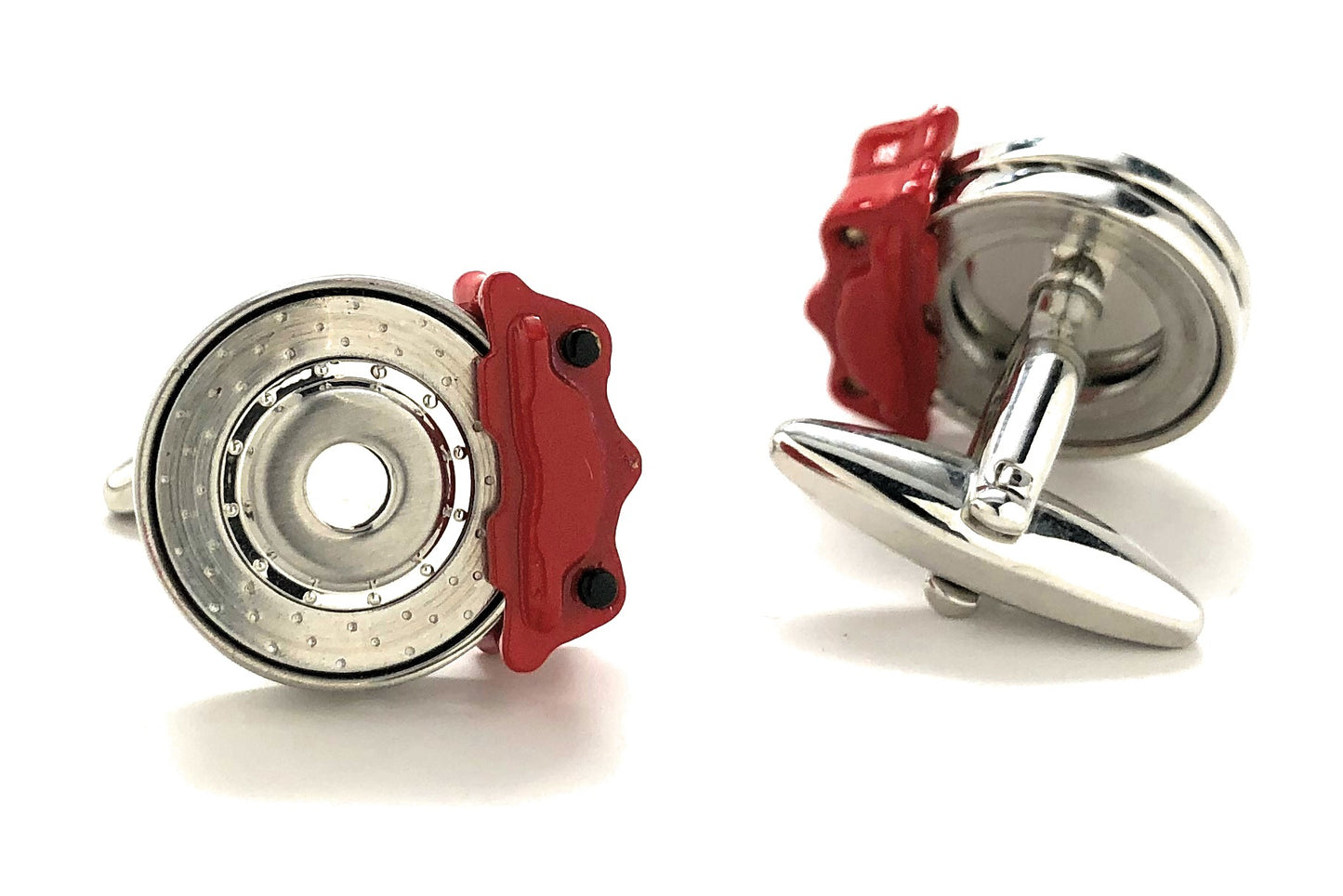Cufflinks resembling brake caliper and disc design on a white background
