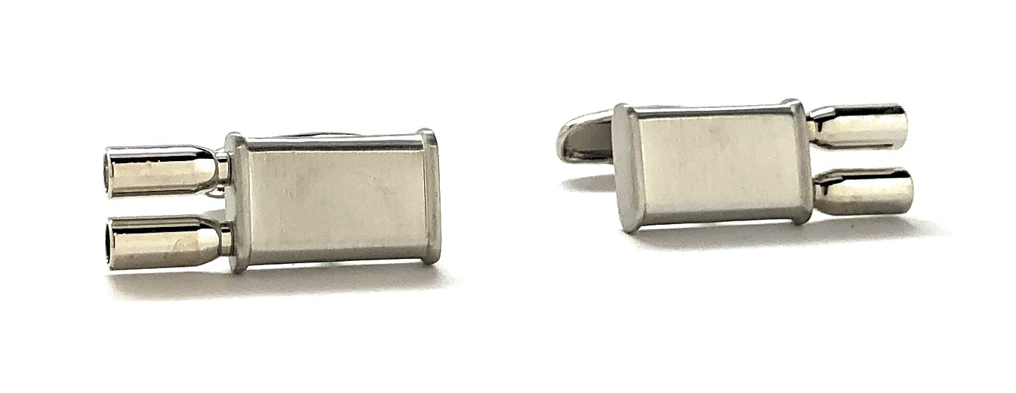 Pair of silver rectangular cufflinks on a white background