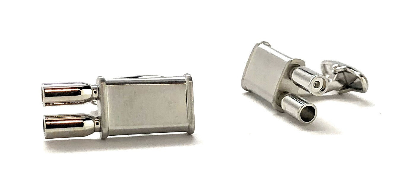Pair of silver rectangular cufflinks on a white background