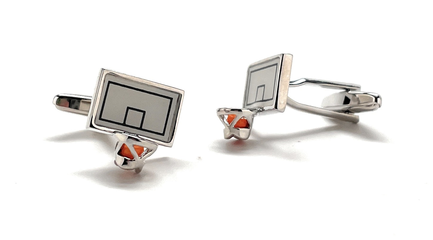 Basketball-themed cufflinks on a white background