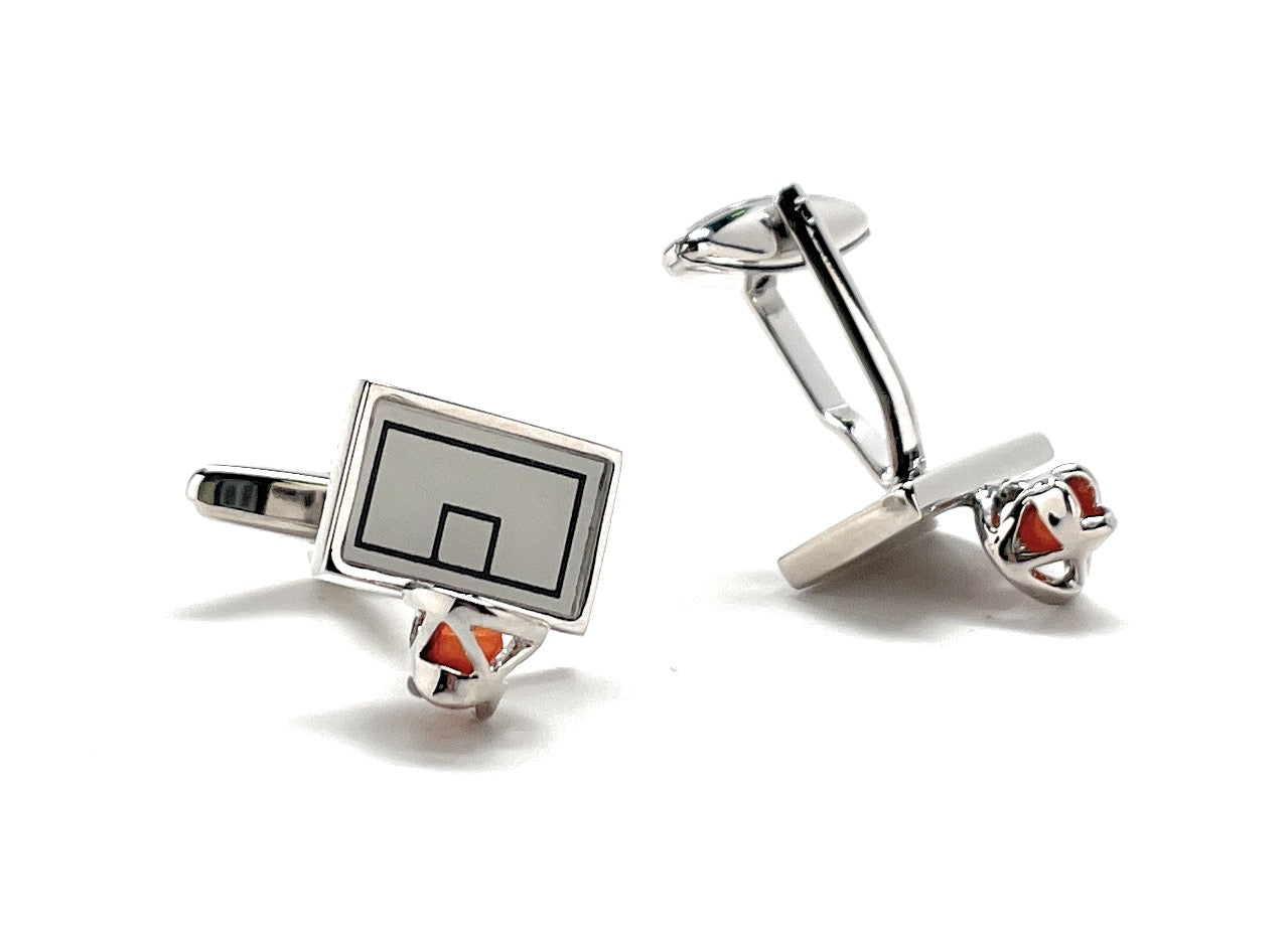 Cufflinks with basketball hoop and ball design on a white background
