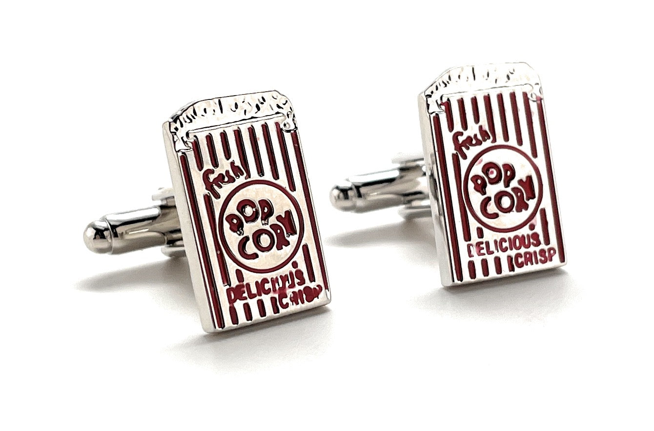 Popcorn Cufflinks Movie Night Fun Silver Red Enamel Cuff Links